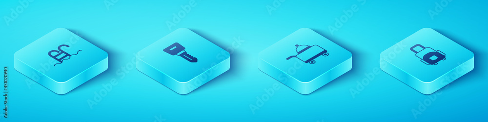 Set Isometric Swimming pool, Hotel door lock key, Suitcase and Covered with tray of food icon. Vecto