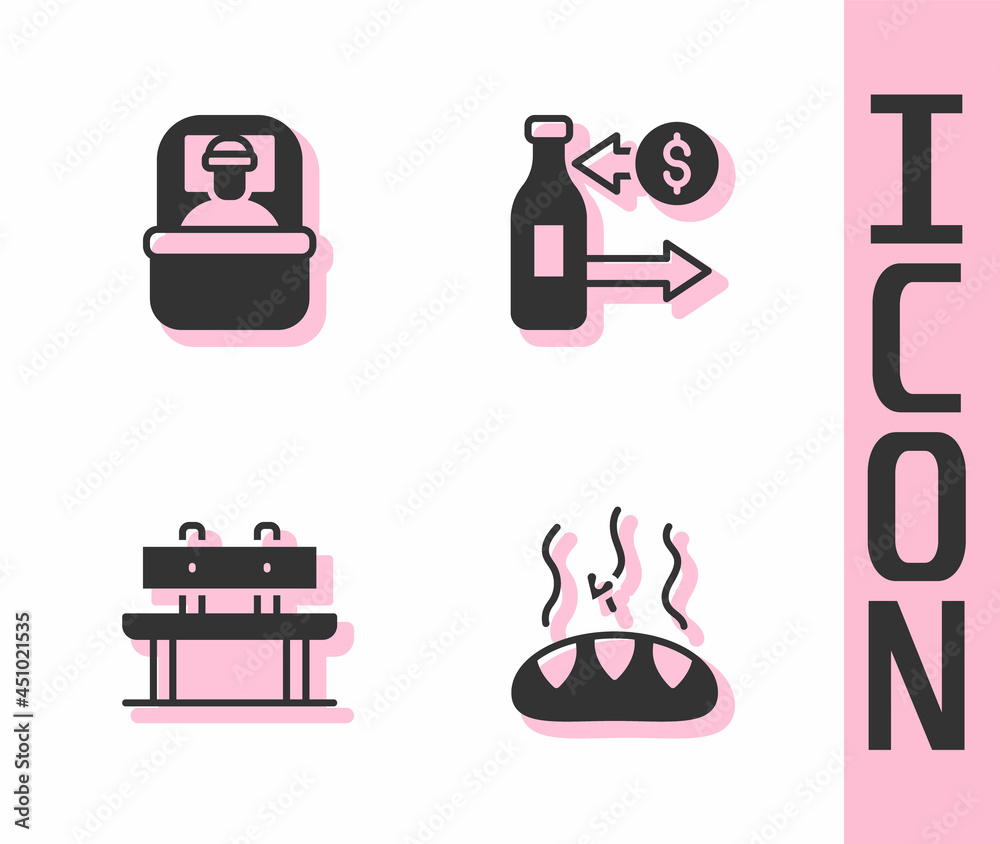 Set Donation food, Sleeping bag, Bench and Reception of glass bottles icon. Vector