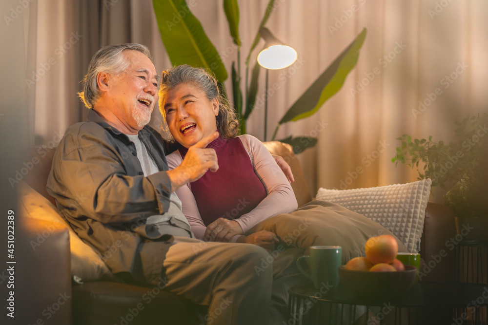 old retired age asian couple watching TV at home,old mature asian couple cheering sport games compet