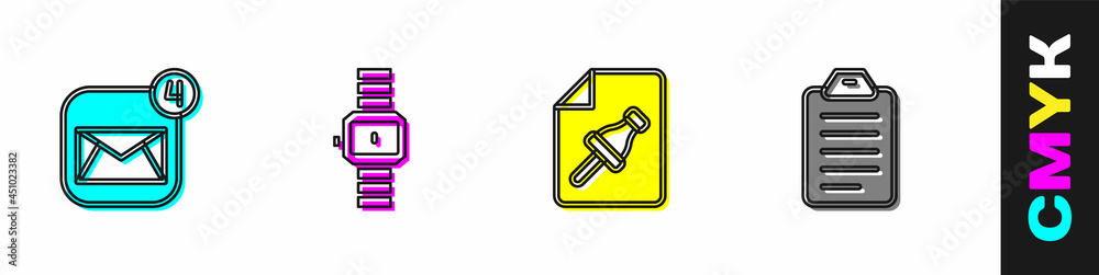 Set Envelope, Wrist watch, Note paper with push button and To do list or planning icon. Vector