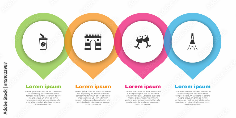 设置咖啡杯、凯旋门、酒杯和埃菲尔铁塔。商业信息图模板。Ve