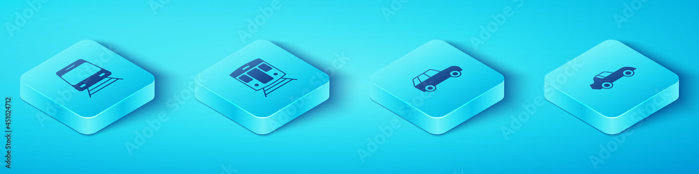 Set Isometric Train and railway, Car and icon. Vector