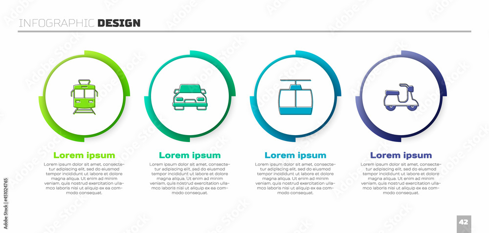 设置有轨电车和铁路、汽车、缆车和滑板车。商业信息图模板。矢量