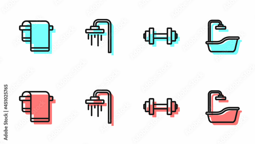 设线哑铃、挂毛巾、淋浴和浴缸图标。矢量