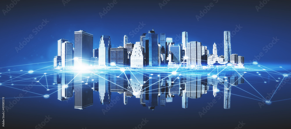 Abstract city skyline with reflections and polygonal network. Communication and urban digital transf