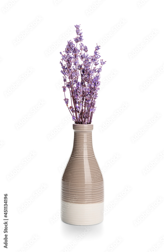 Vase with beautiful lavender flowers on white background