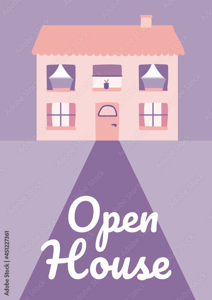 Composition of open house text and house icon over purple background