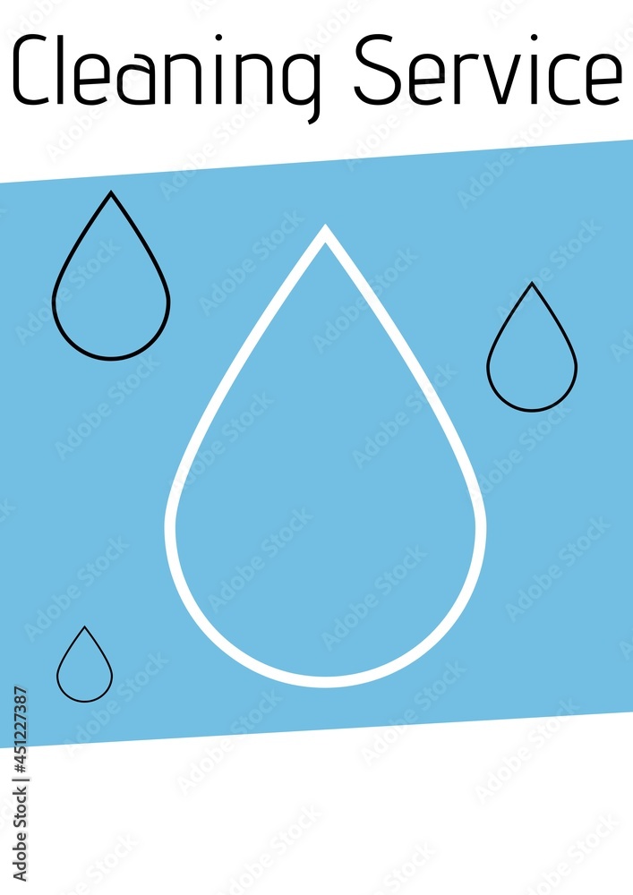 Composition of cleaning services text and water drop icons over blue background