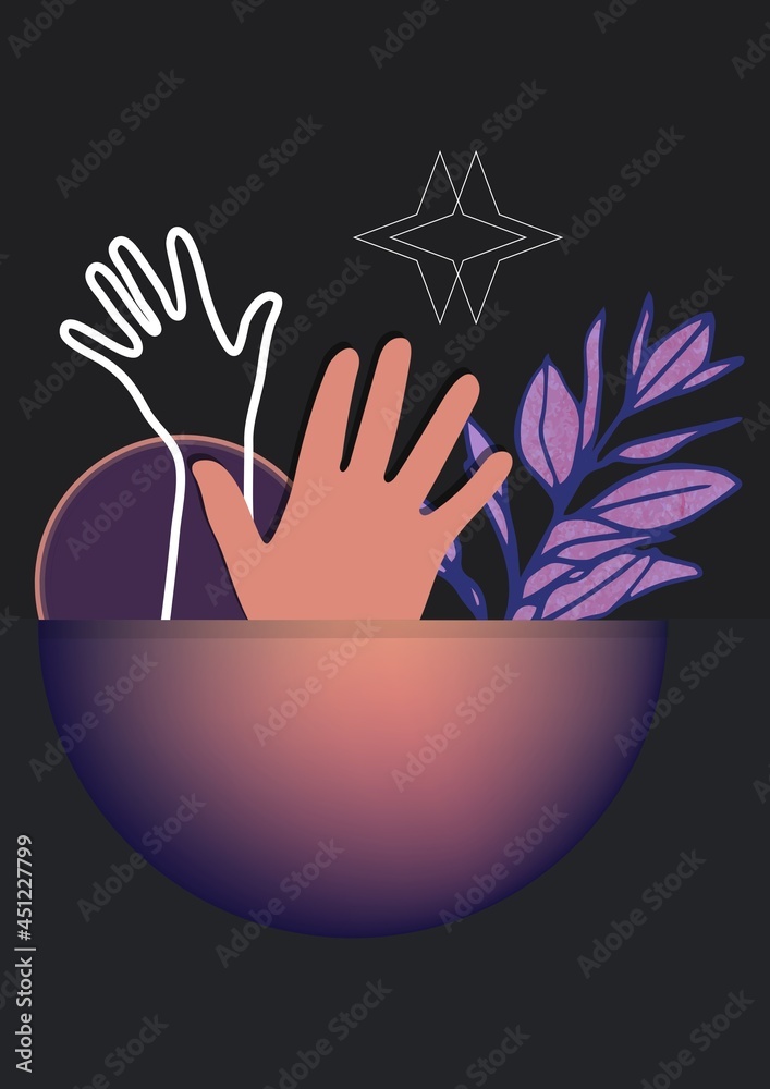 Composition of shapes and hands icon on black background