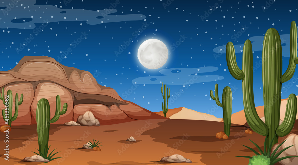 Desert forest landscape at night scene with many cactus