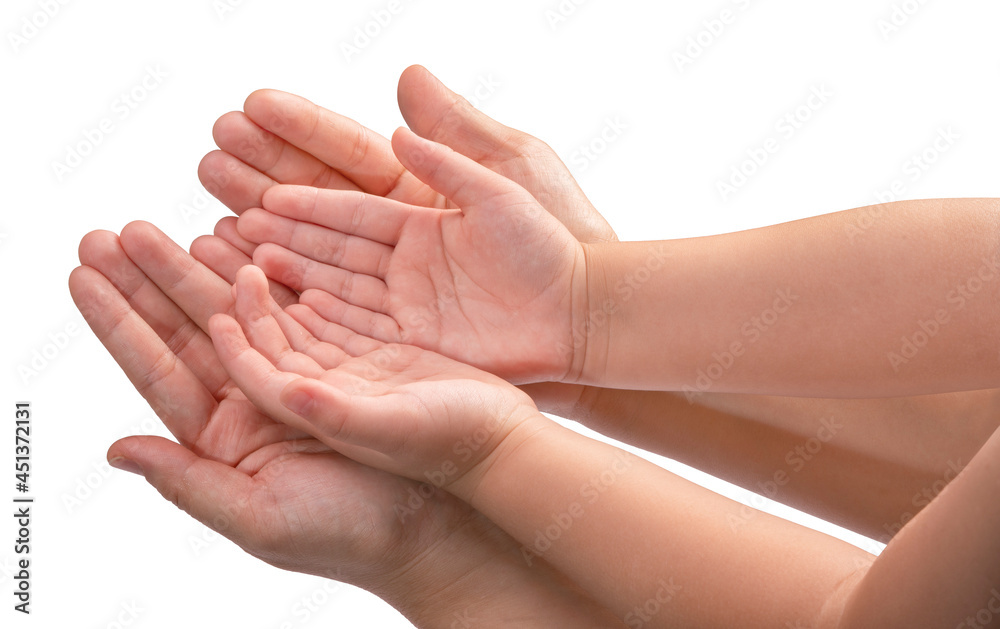 Mother and Child’s holding hands isolated on a white background, Mother and Kid hand isolated on a w