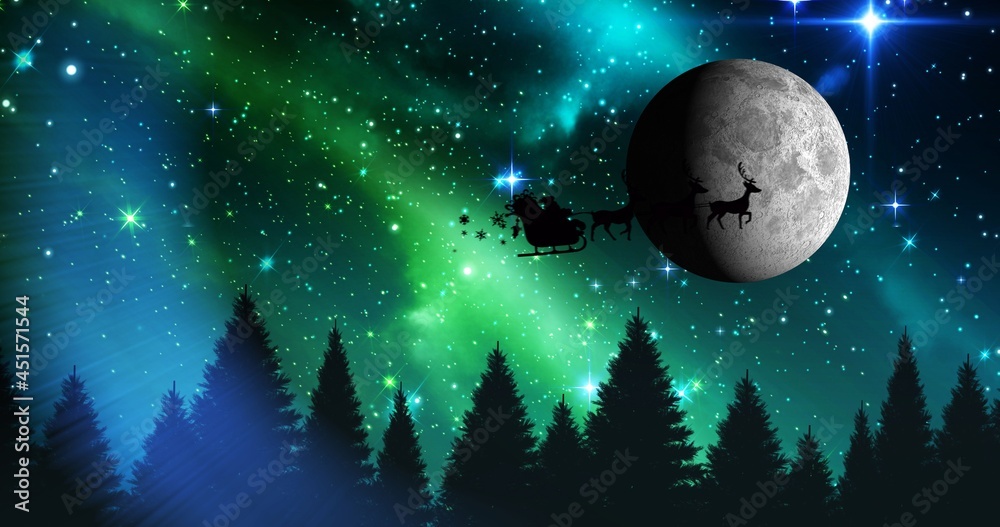 Composition of santa claus in sleigh with reindeer over fir trees and moon