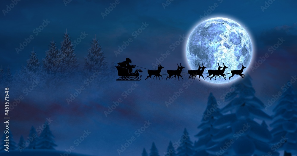 Composition of santa claus in sleigh with reindeer over fir trees and moon