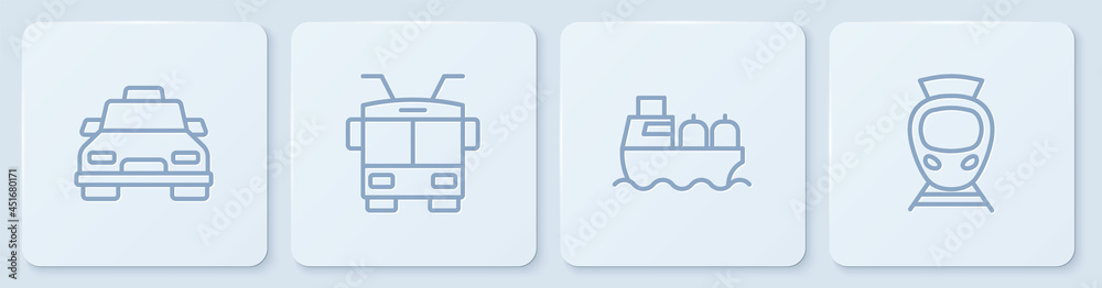 设置线路出租车、油轮、电车、有轨电车和铁路。白色方形按钮。矢量