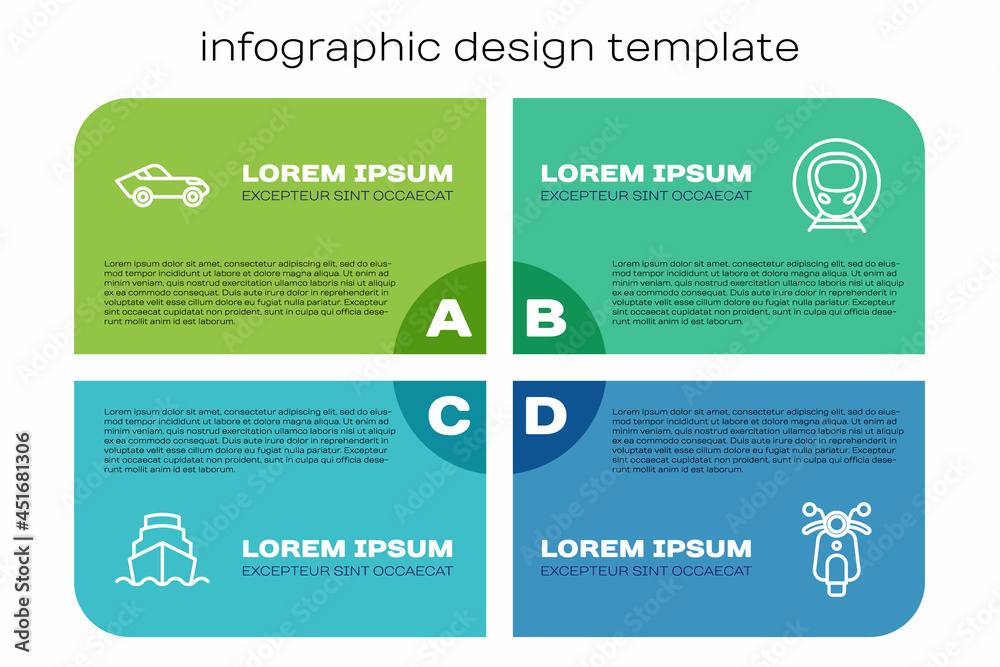 邮轮、汽车、滑板车、火车和铁路。商业信息图模板。矢量