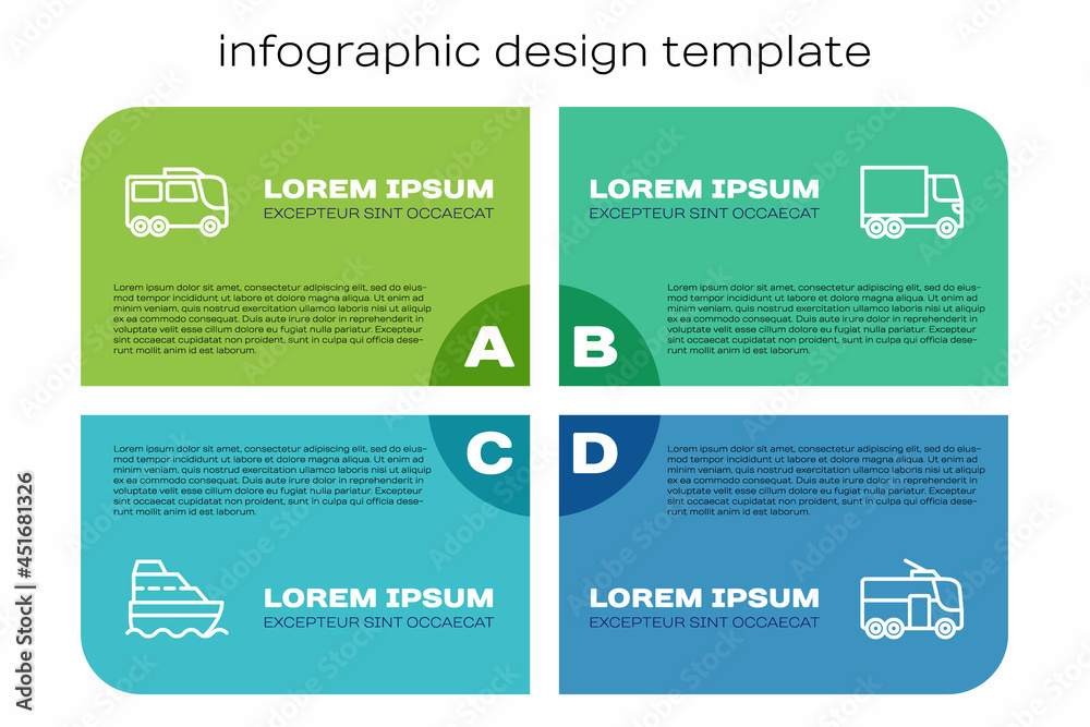 邮轮、巴士、无轨电车和送货卡车。商业信息图模板。Vecto