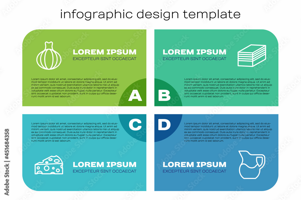 Set line Cheese, Onion, Jug glass with milk and Piece of cake. Business infographic template. Vector