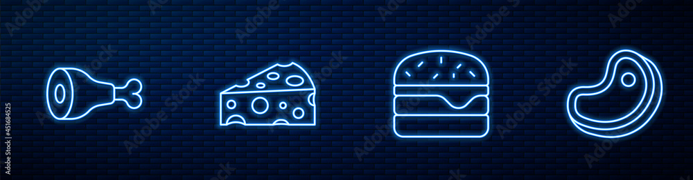 汉堡、鸡腿、奶酪和牛排。砖墙上闪闪发光的霓虹灯图标。矢量