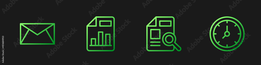 使用图表、邮件和电子邮件以及时钟设置行文档。渐变色图标。矢量