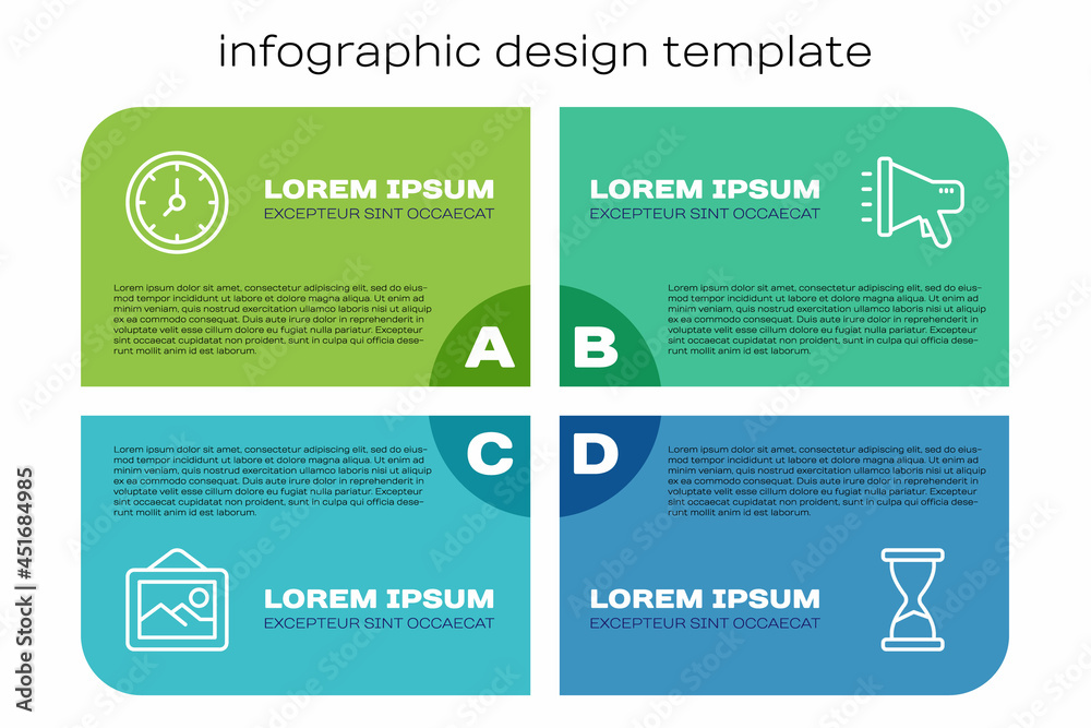 设置线条图片横向、时钟、旧沙漏和扩音器。商业信息图模板。Vecto