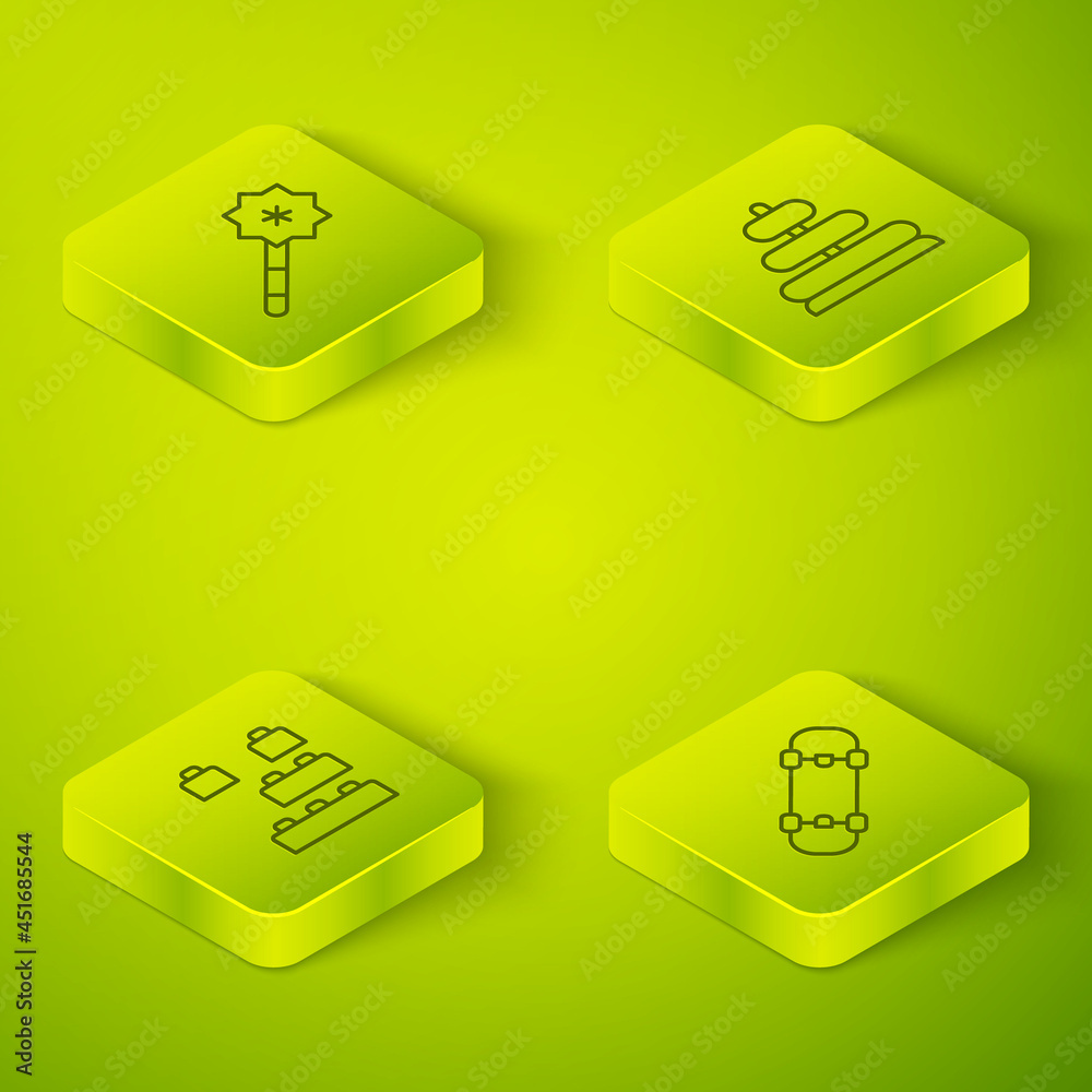 Set Isometric line Pyramid toy, Toy building block bricks, Skateboard and Magic wand icon. Vector