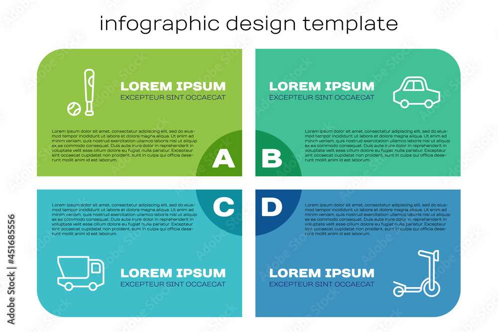 套装玩具卡车、棒球棍、滚轴摩托车和汽车。商业信息图模板.V