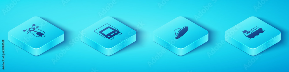 Set Isometric Scooter，Delivery cargo truck，cargo ship with boxes Delivery and Speedboat icon.Vect（设置