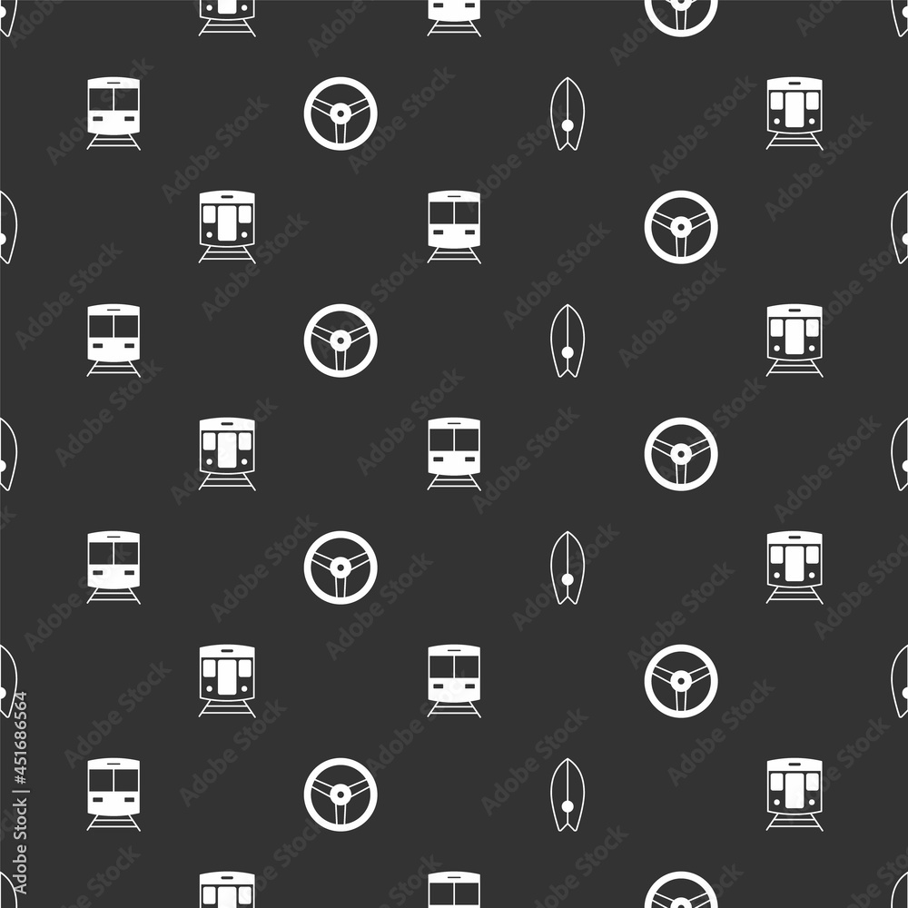 Set Surfboard, Train and railway, and Steering wheel on seamless pattern. Vector