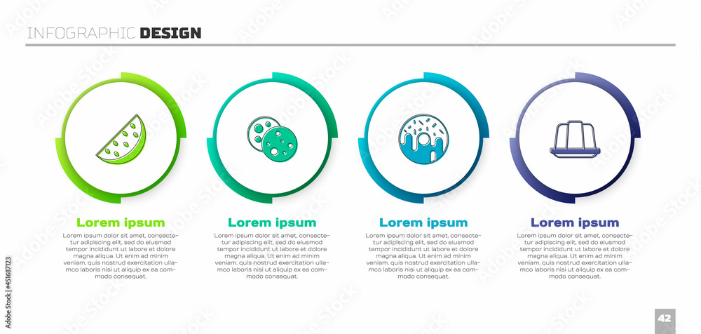 西瓜、巧克力饼干、甜甜圈和果冻蛋糕套装。商业信息图模板。矢量