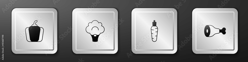 Set Bell pepper, Broccoli, Carrot and Chicken leg icon. Silver square button. Vector