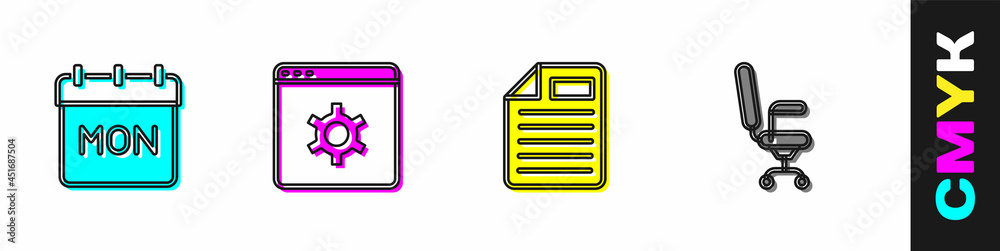 设置日历、浏览器设置、文件文档和办公椅图标。矢量