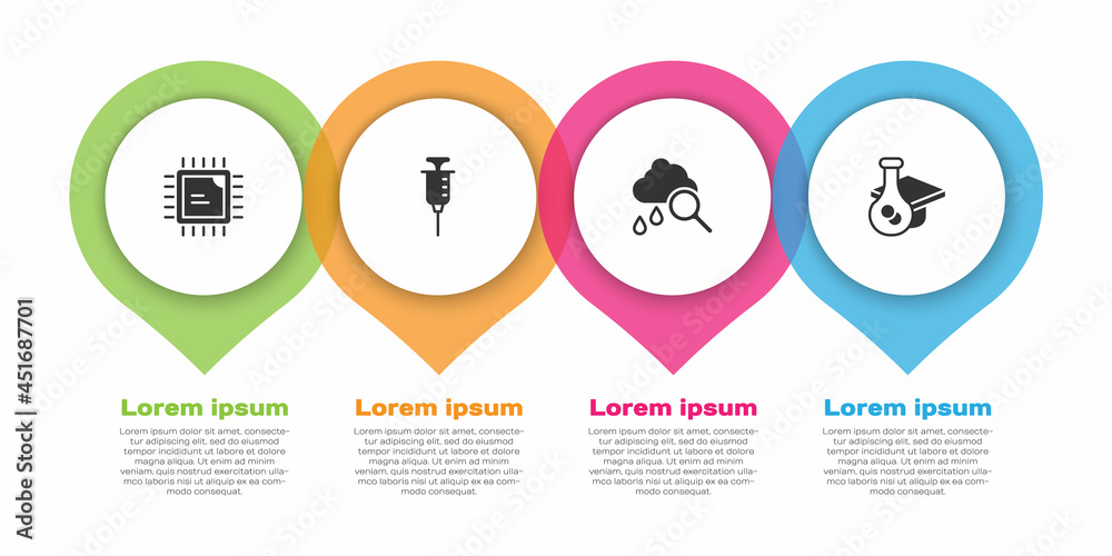Set Processor CPU, Syringe, Cloud with rain and Graduation cap. Business infographic template. Vecto