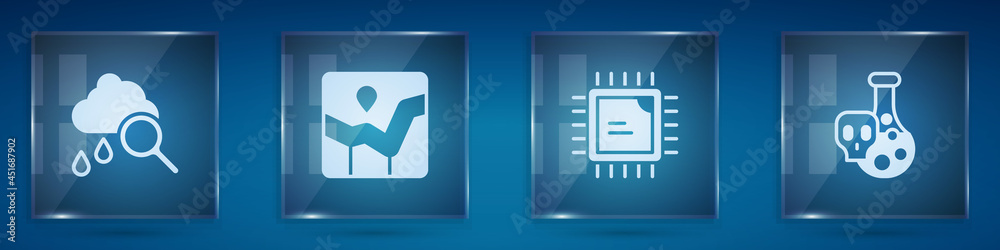 设置有雨的云，图表信息图，处理器CPU和试管有毒液体。方形玻璃