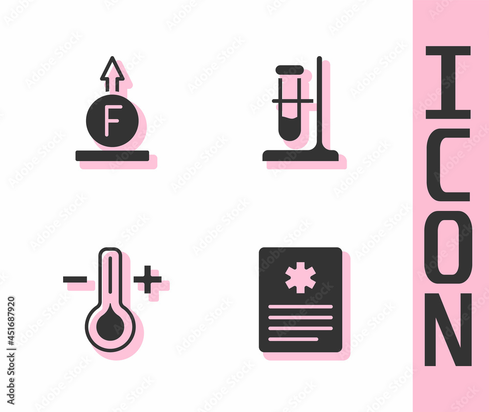 Set Patient record, Force of physic formula, Thermometer and Test tube flask on stand icon. Vector