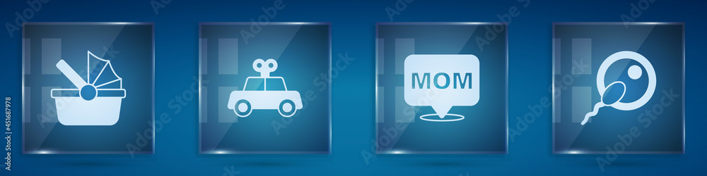 Set Baby stroller, Toy car, Speech bubble mom and Sperm. Square glass panels. Vector