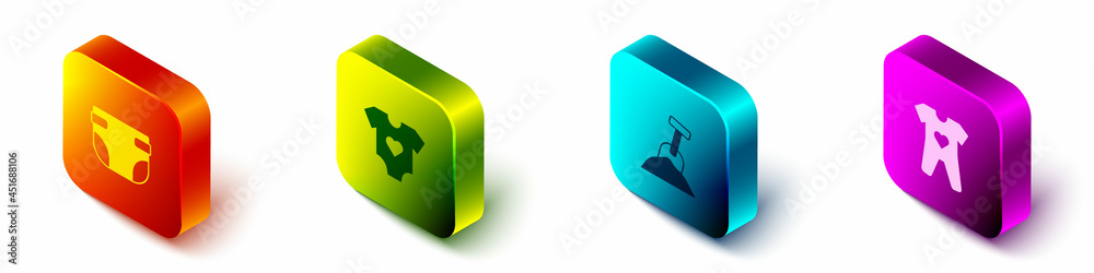 Set Isometric Baby diaper, clothes, Sandbox with sand and shovel and icon. Vector