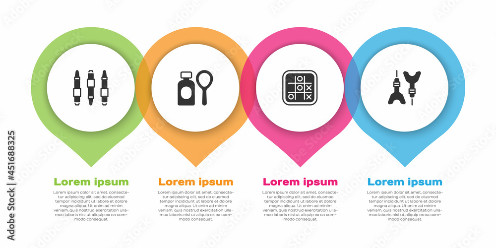 设置记号笔、肥皂泡瓶、抖音游戏和飞镖箭头。商业信息图模板。