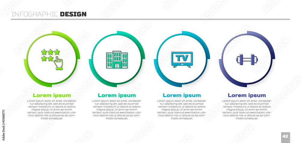 三星评级，酒店建筑，智能电视和哑铃。商业信息图模板。矢量
