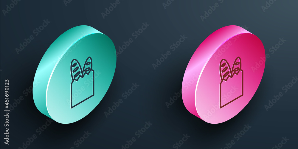 Isometric line French baguette bread icon isolated on black background. Turquoise and pink circle bu