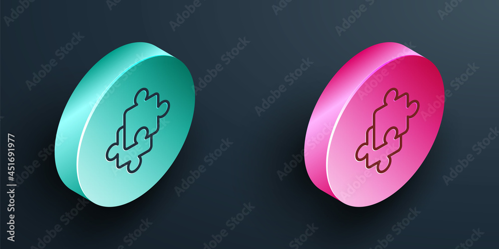 Isometric line Puzzle pieces toy icon isolated on black background. Turquoise and pink circle button