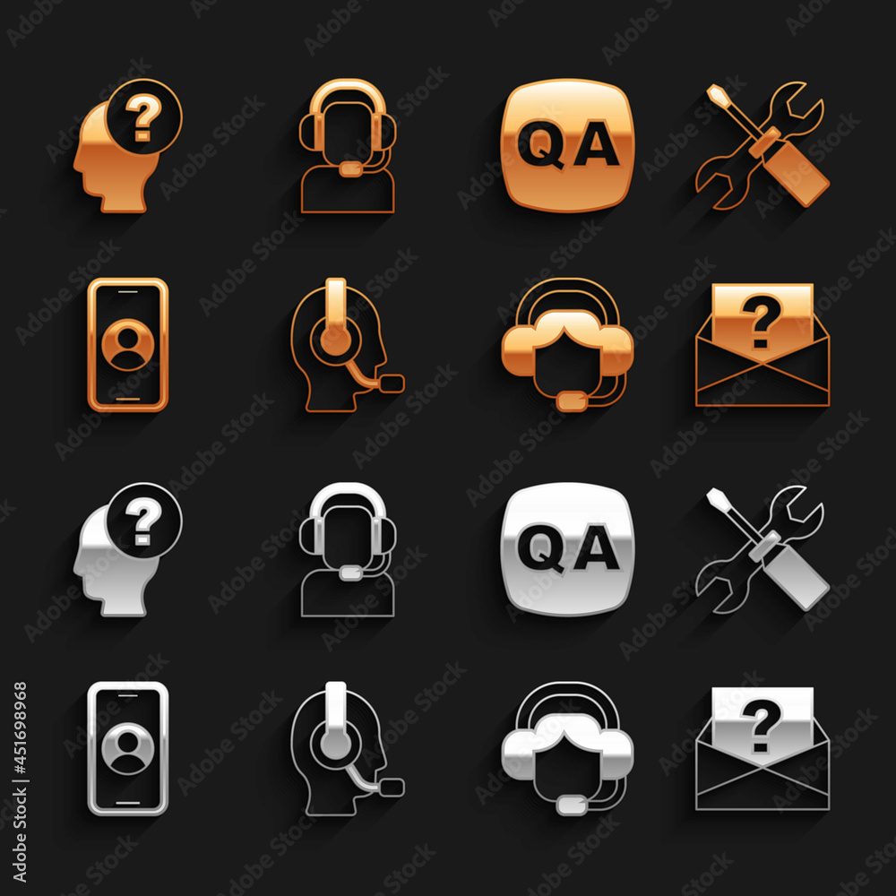 Set Man with a headset, Screwdriver and wrench spanner, Envelope question mark, Woman, Telephone 24 