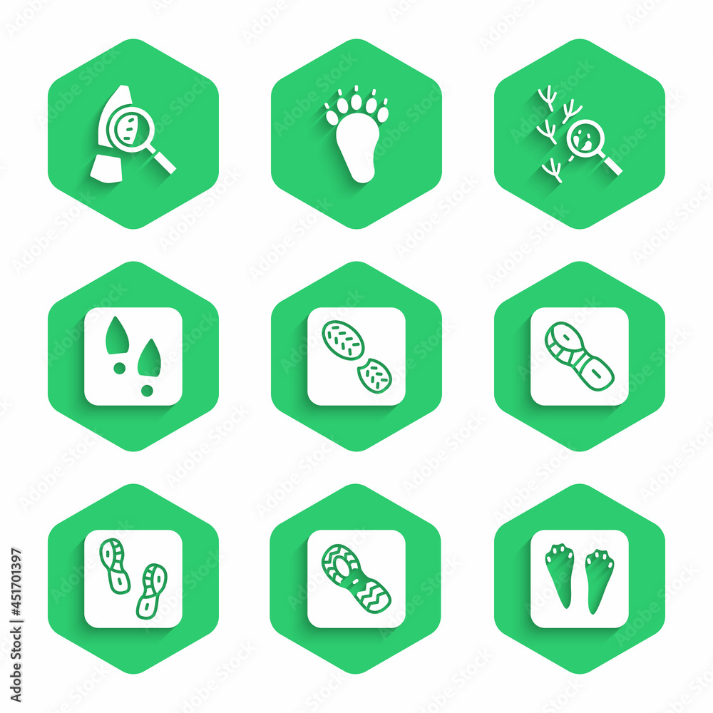 Set Human footprints shoes, Rabbit and hare paw, Bird and Magnifying glass with footsteps icon. Vect