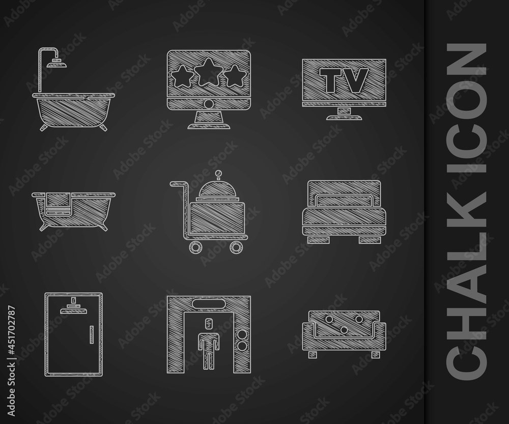 套装配有托盘、电梯、沙发、酒店客房床、淋浴间、浴缸、智能电视和淋浴图标。