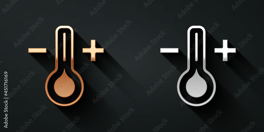 Gold and silver Meteorology thermometer measuring icon isolated on black background. Thermometer equ