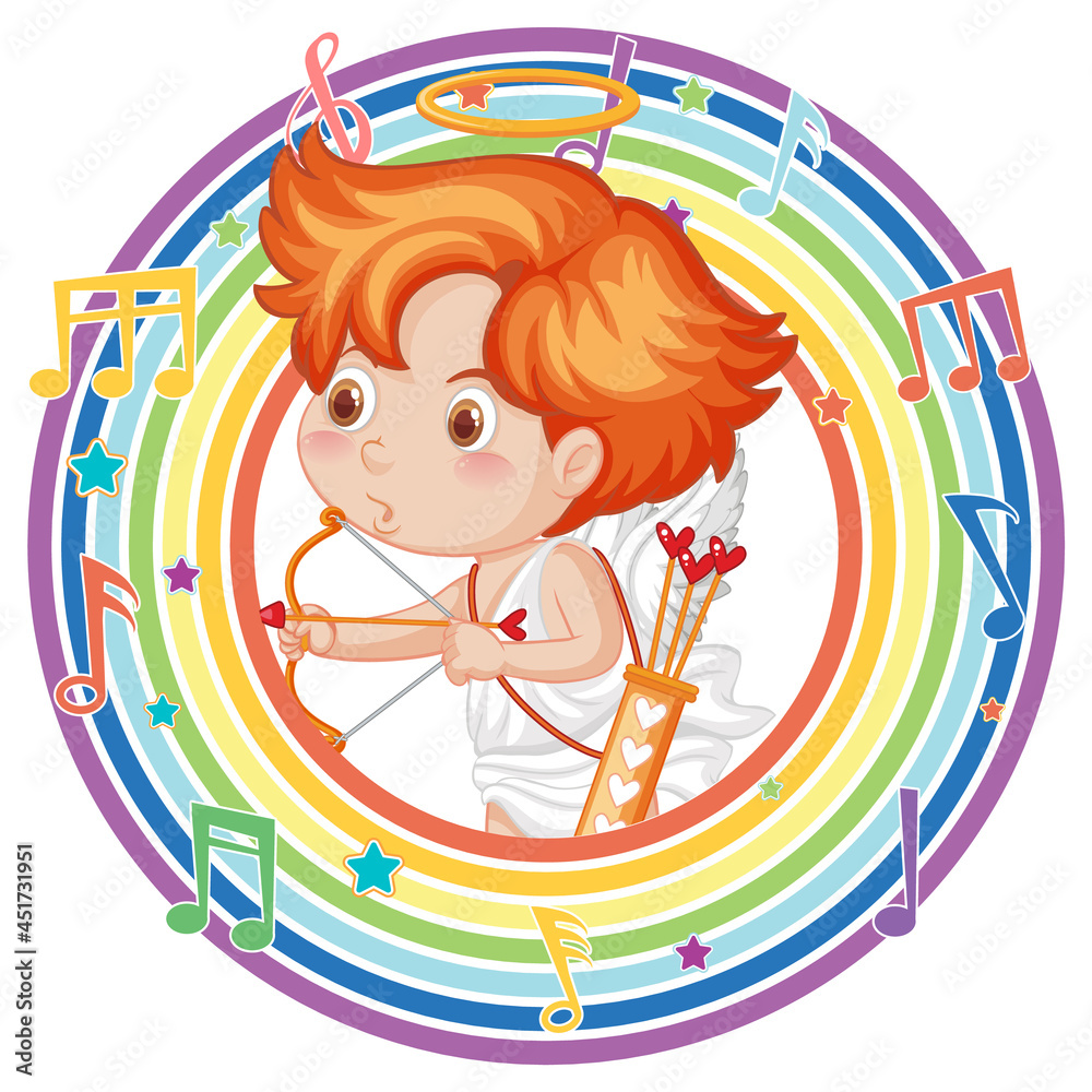 Cupid in rainbow round frame with melody symbol