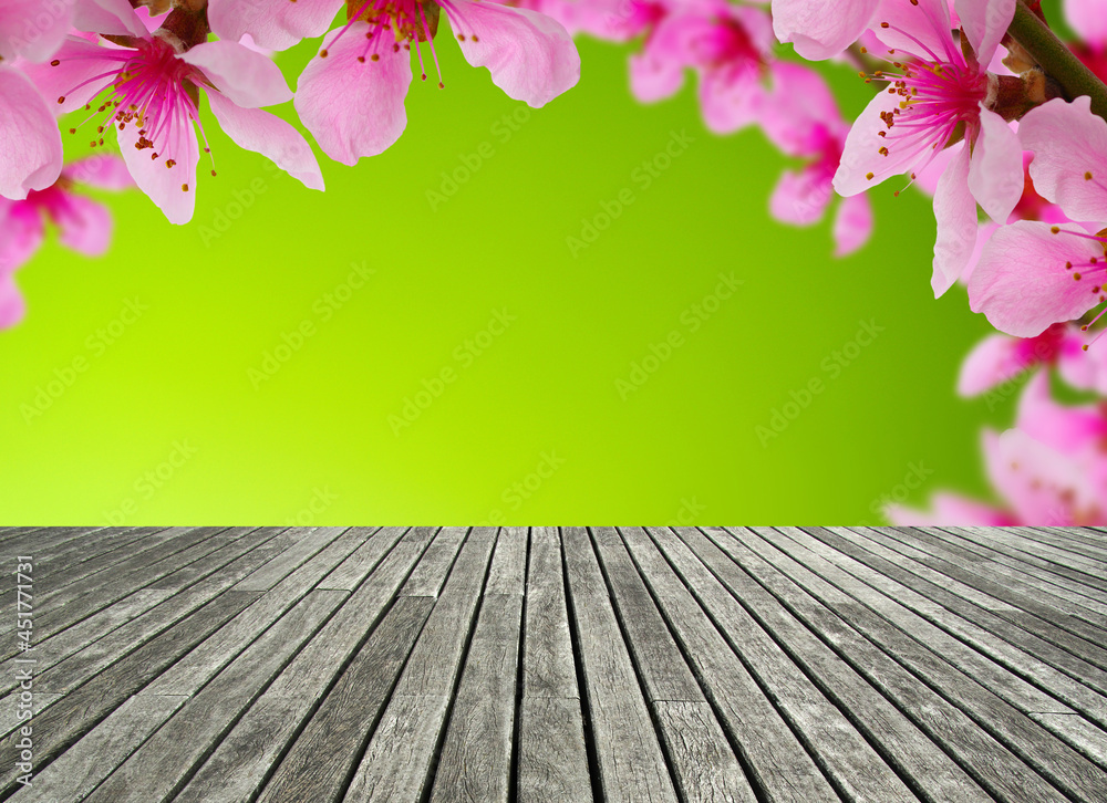 wooden table spring blossom