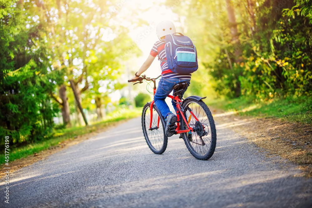 Teenager on the bicycle at the asphalt road riding to the school