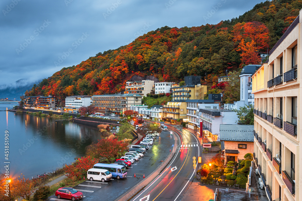 Lake Kawaguchi, Yamanashi, Japan with resorts along the Lakeside