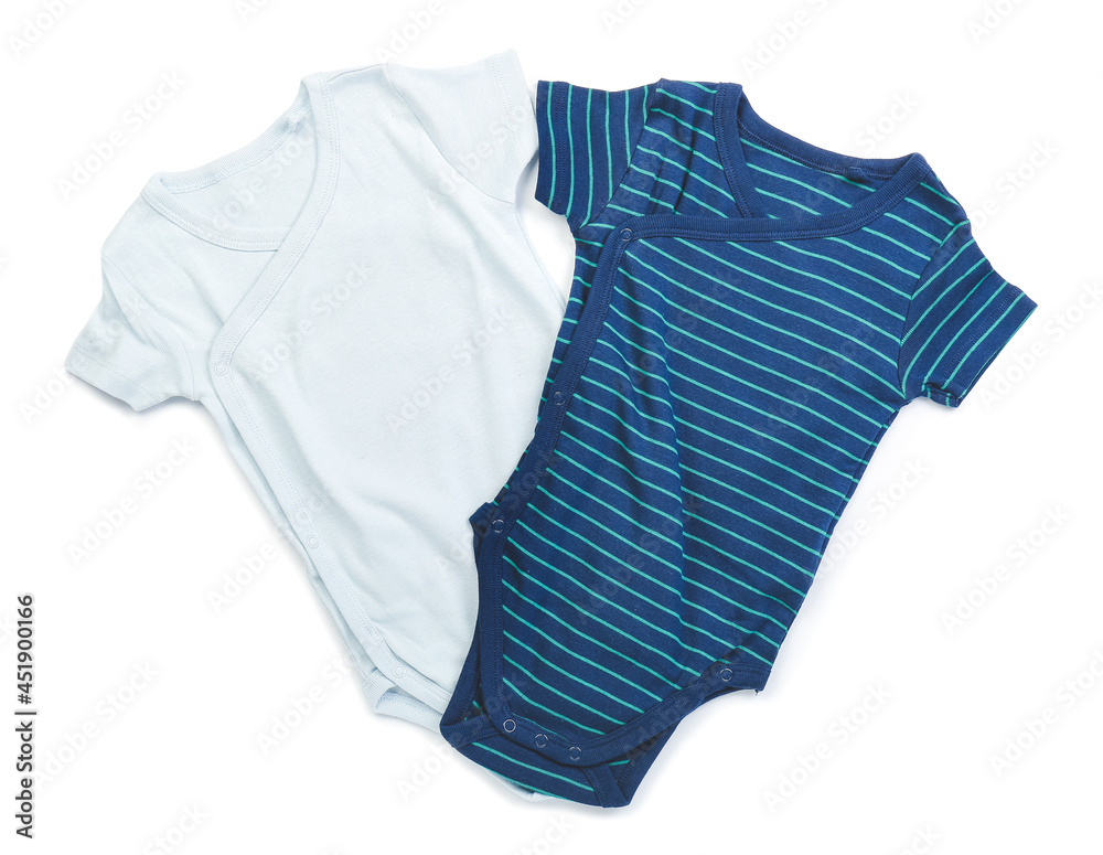 Stylish baby clothes on white background