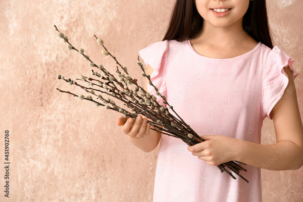 Little girl with willow branches on color background